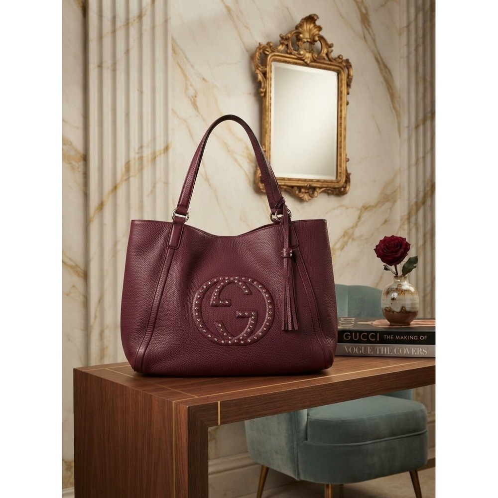 Gucci Soho Studded Tote Bag Burgundy Pebbled Leather Interlocking G Tassel